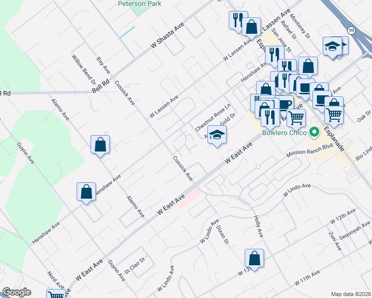 map of restaurants, bars, coffee shops, grocery stores, and more near 2629 Cliffwood Place in Chico