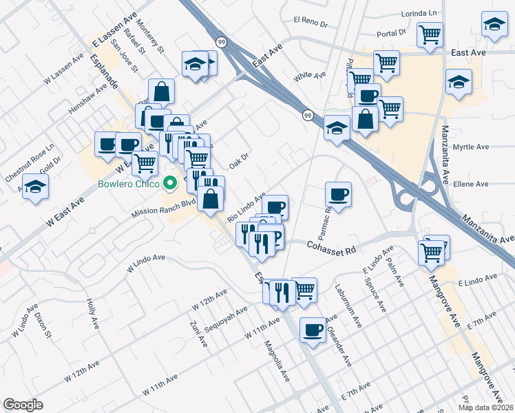 map of restaurants, bars, coffee shops, grocery stores, and more near 251 Rio Lindo Avenue in Chico