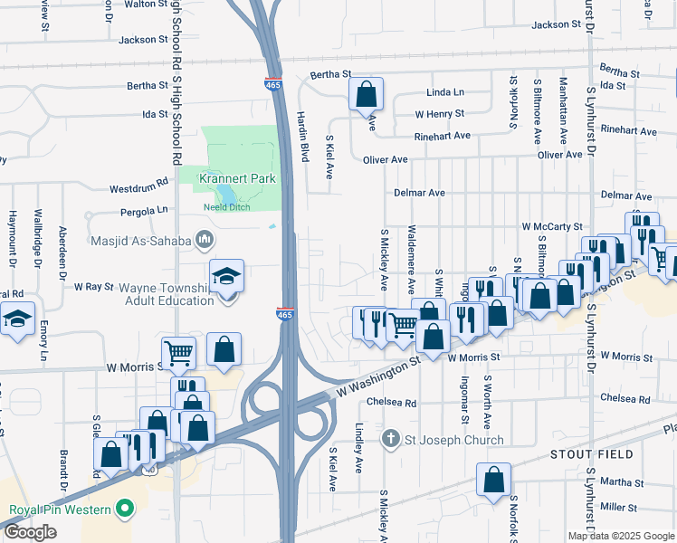 map of restaurants, bars, coffee shops, grocery stores, and more near 835 Cloverleaf Terrace in Indianapolis