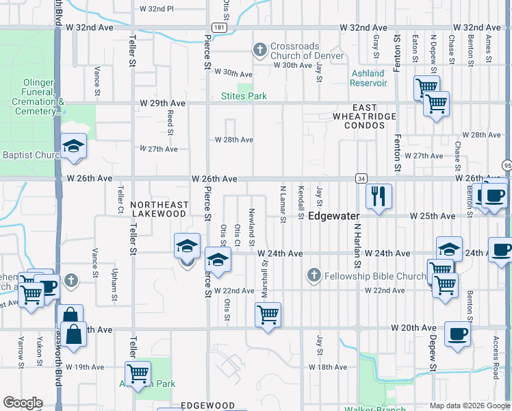 map of restaurants, bars, coffee shops, grocery stores, and more near 2480 Newland Street in Edgewater