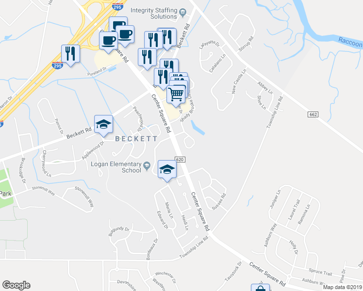 map of restaurants, bars, coffee shops, grocery stores, and more near 314 Lake Side Drive in Logan Township