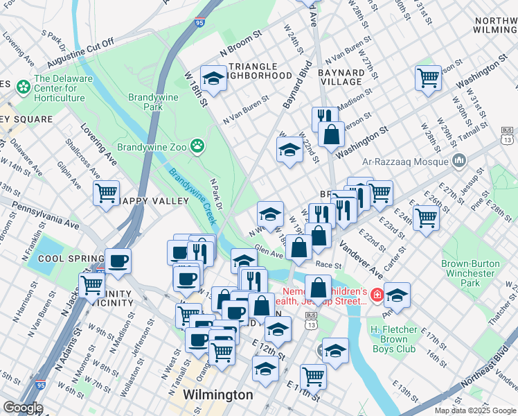 map of restaurants, bars, coffee shops, grocery stores, and more near 1718 Washington Street in Wilmington