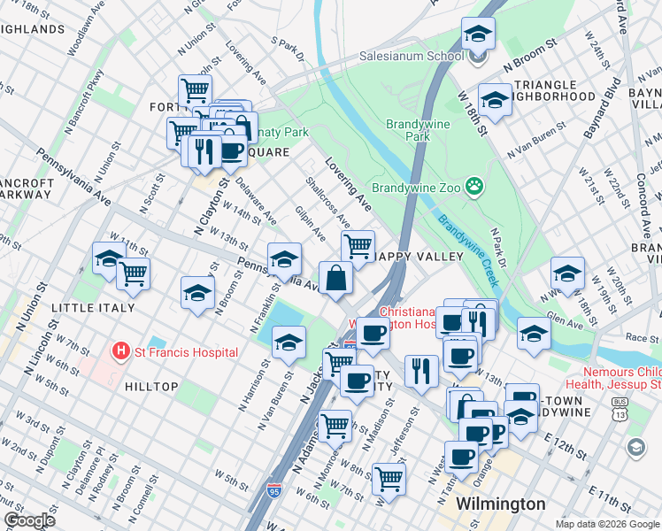 map of restaurants, bars, coffee shops, grocery stores, and more near 1300 North Harrison Street in Wilmington