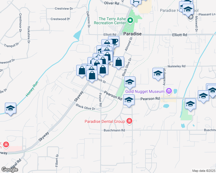 map of restaurants, bars, coffee shops, grocery stores, and more near 5577 Almond Street in Paradise
