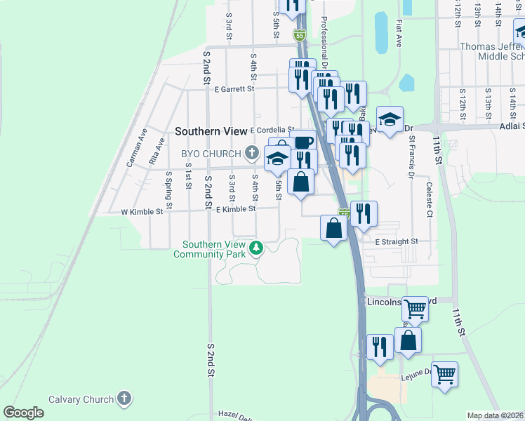 map of restaurants, bars, coffee shops, grocery stores, and more near 3400 South 4th Street in Southern View