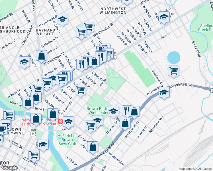 map of restaurants, bars, coffee shops, grocery stores, and more near 2723 Speakman Place in Wilmington