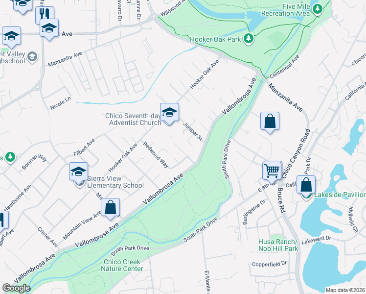 map of restaurants, bars, coffee shops, grocery stores, and more near 444 Lilac Lane in Chico