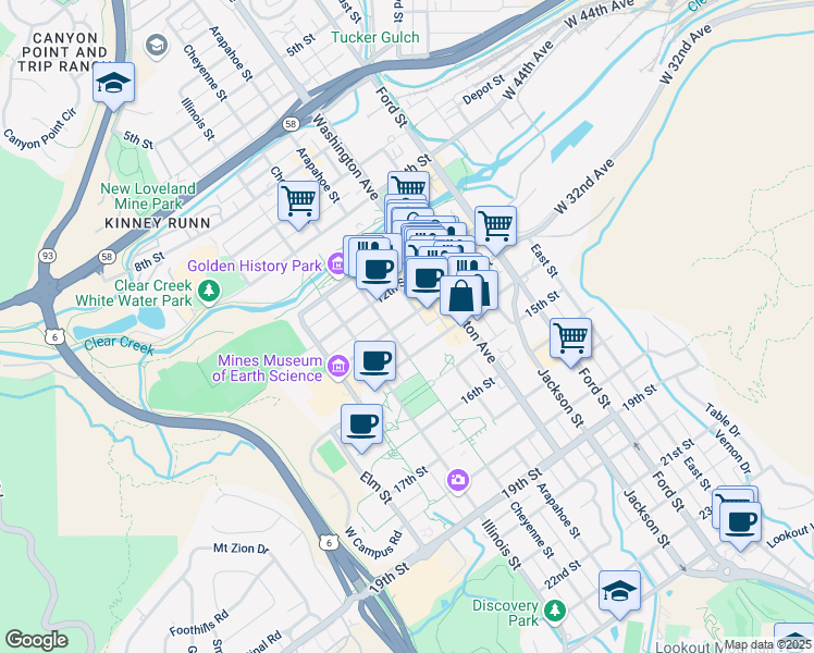 map of restaurants, bars, coffee shops, grocery stores, and more near 922 14th Street in Golden