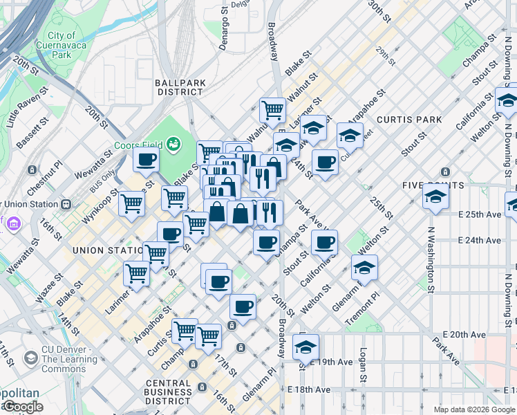 map of restaurants, bars, coffee shops, grocery stores, and more near 2101 Arapahoe Street in Denver