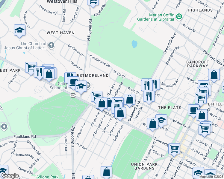 map of restaurants, bars, coffee shops, grocery stores, and more near 316 North Ogle Avenue in Wilmington