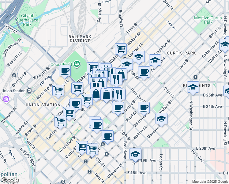 map of restaurants, bars, coffee shops, grocery stores, and more near 2193 Arapahoe Street in Denver