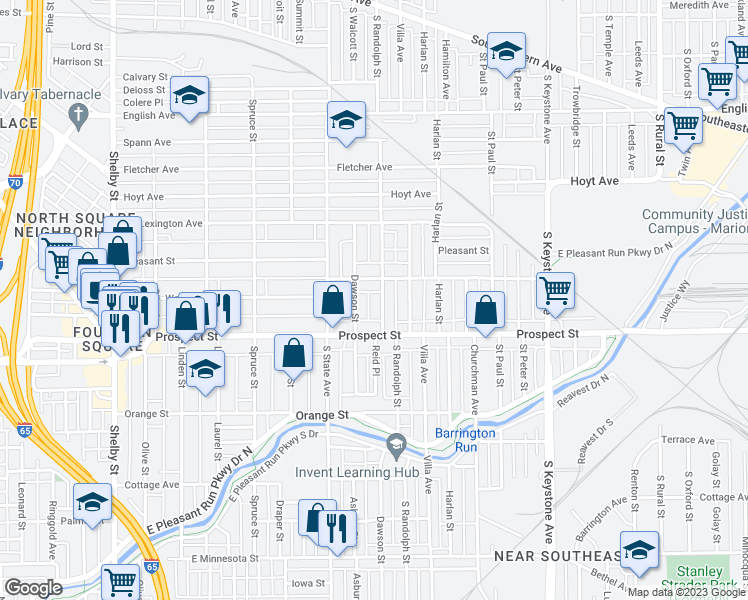 map of restaurants, bars, coffee shops, grocery stores, and more near 1022 South Randolph Street in Indianapolis