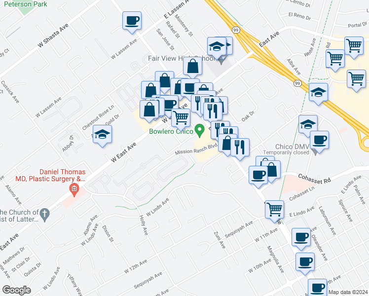 map of restaurants, bars, coffee shops, grocery stores, and more near 132 Mission Ranch Boulevard in Chico
