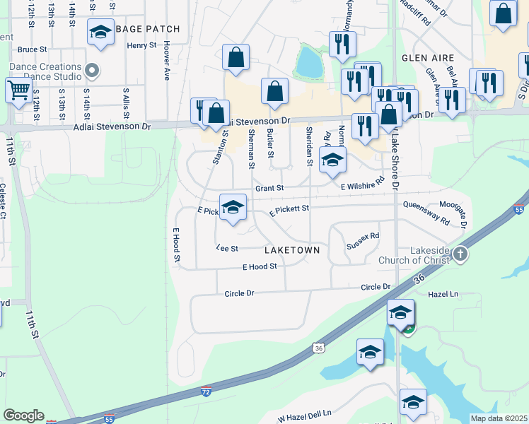 map of restaurants, bars, coffee shops, grocery stores, and more near 2018 East Pickett Street in Springfield