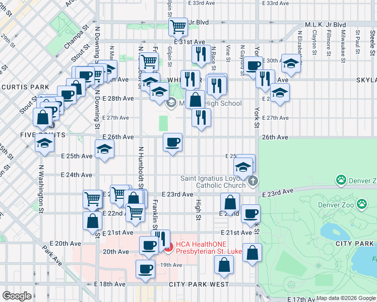 map of restaurants, bars, coffee shops, grocery stores, and more near 1812 East 25th Avenue in Denver