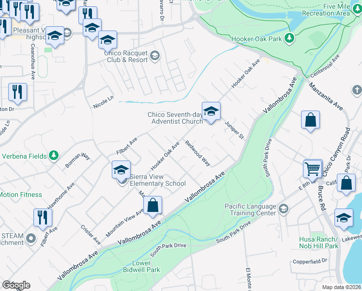 map of restaurants, bars, coffee shops, grocery stores, and more near 571 Redwood Way in Chico