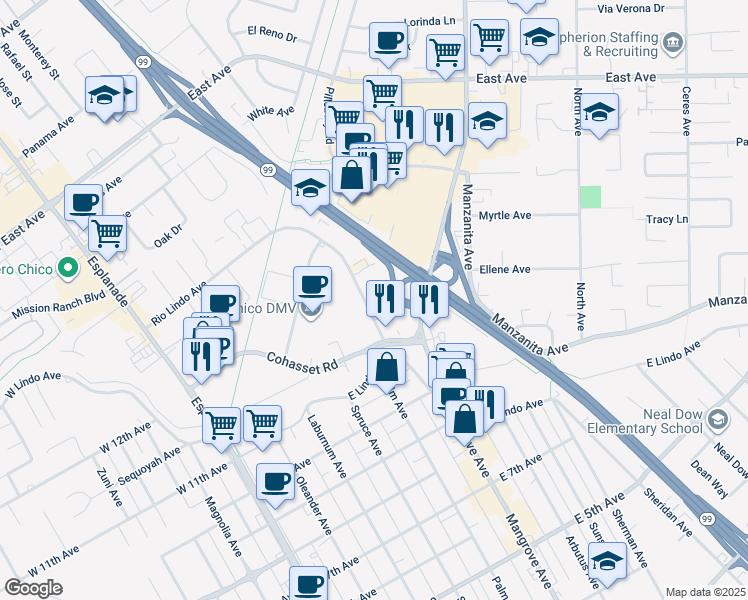 map of restaurants, bars, coffee shops, grocery stores, and more near 670 Rio Lindo Avenue in Chico