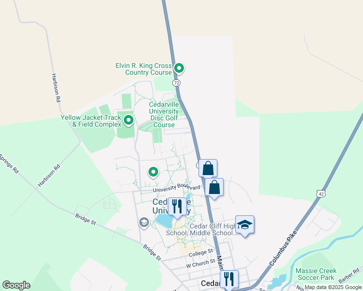 map of restaurants, bars, coffee shops, grocery stores, and more near North Main Street in Cedarville