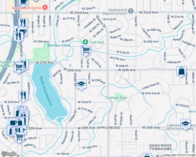 map of restaurants, bars, coffee shops, grocery stores, and more near 11755 West 24th Place Circle in Lakewood