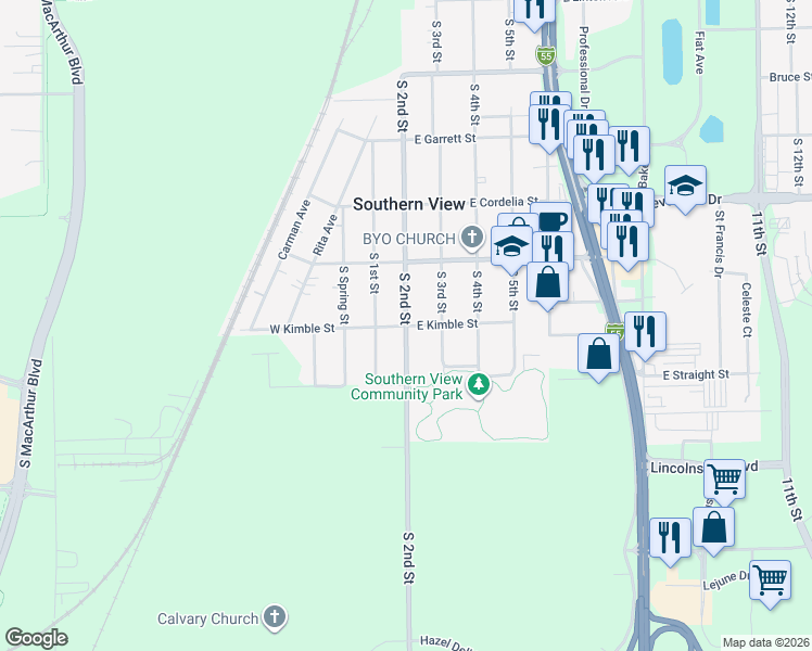 map of restaurants, bars, coffee shops, grocery stores, and more near 3398 South 2nd Street in Southern View