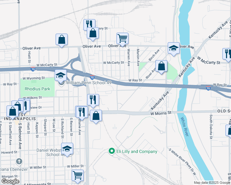 map of restaurants, bars, coffee shops, grocery stores, and more near 1140 Division Street in Indianapolis