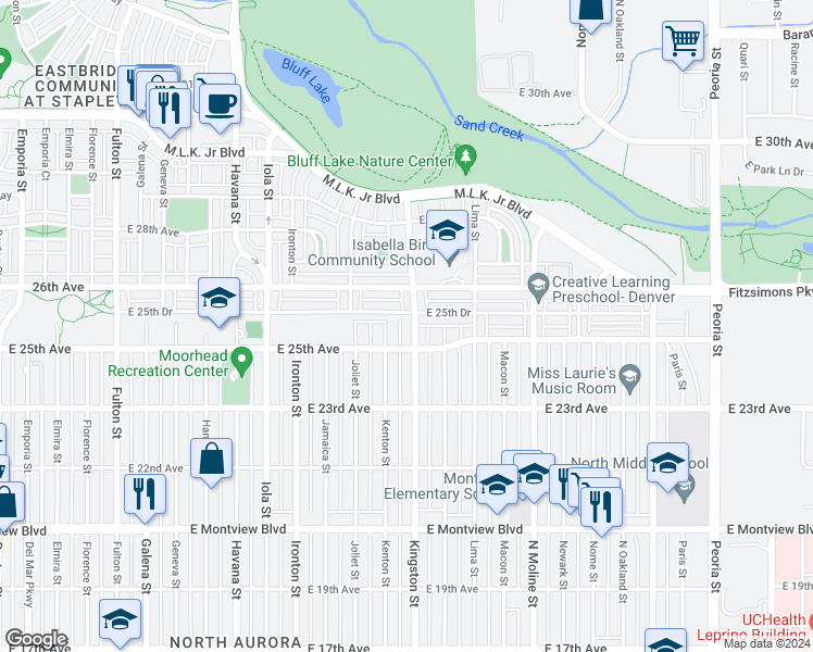 map of restaurants, bars, coffee shops, grocery stores, and more near 2507 Kingston Street in Aurora
