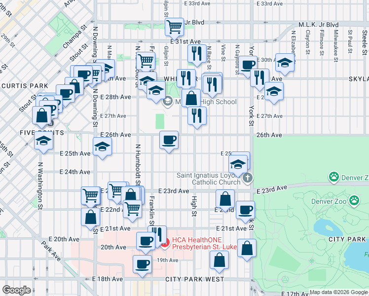 map of restaurants, bars, coffee shops, grocery stores, and more near 1812 East 25th Avenue in Denver