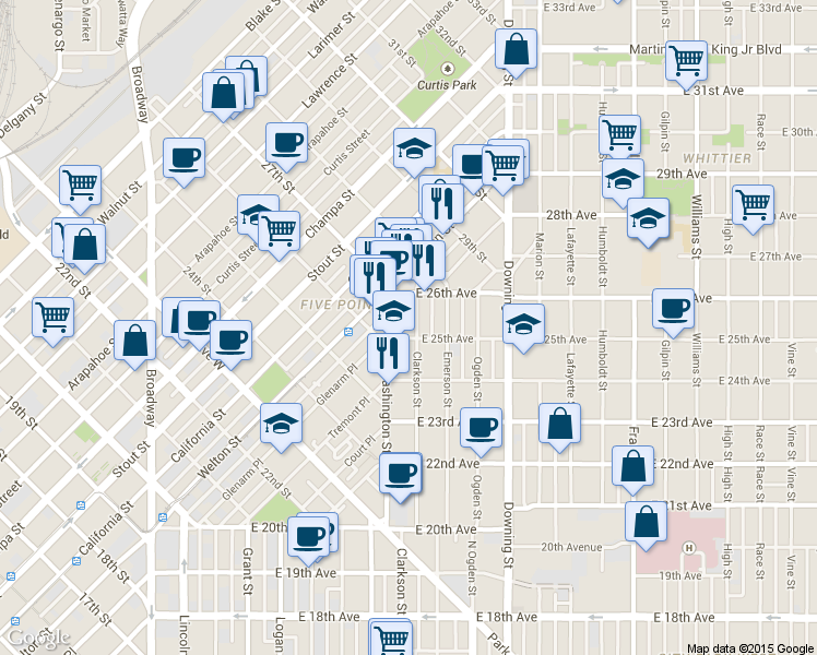 map of restaurants, bars, coffee shops, grocery stores, and more near 726 East 25th Avenue in Denver