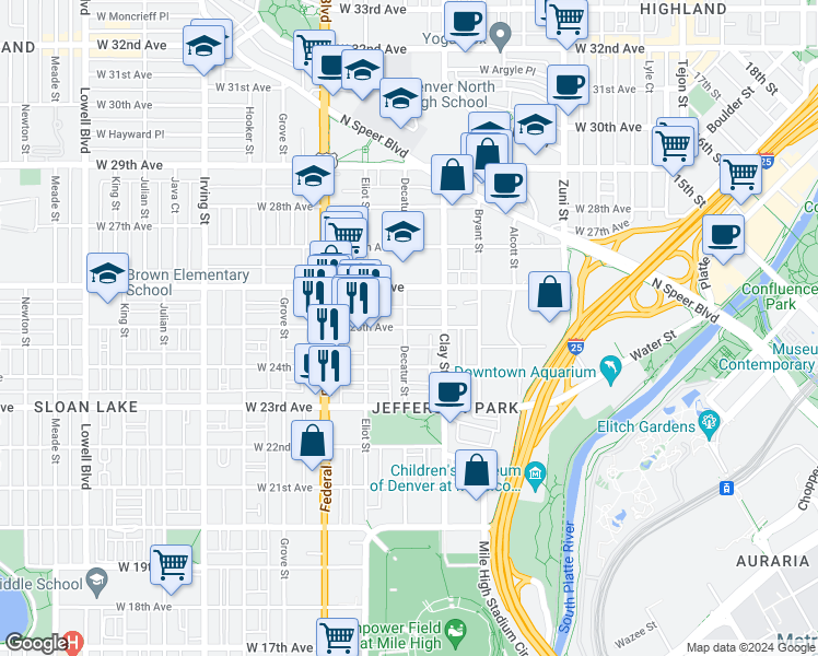 map of restaurants, bars, coffee shops, grocery stores, and more near 2810 West 25th Avenue in Denver
