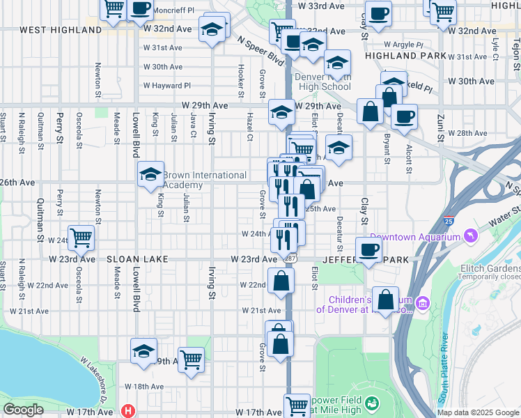 map of restaurants, bars, coffee shops, grocery stores, and more near 2427 Grove Street in Denver