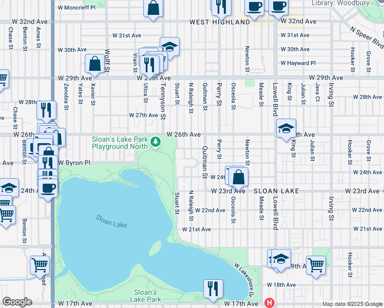 map of restaurants, bars, coffee shops, grocery stores, and more near 4205 West Byron Place in Denver