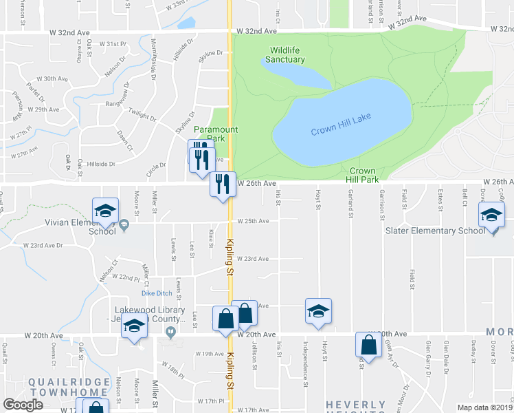 map of restaurants, bars, coffee shops, grocery stores, and more near 9937 West 25th Avenue in Lakewood