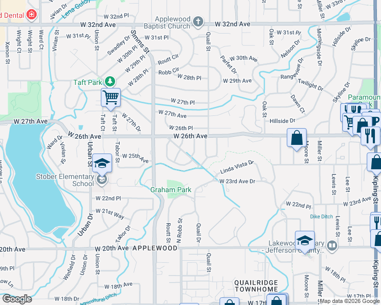 map of restaurants, bars, coffee shops, grocery stores, and more near 11265 West 25th Place in Lakewood