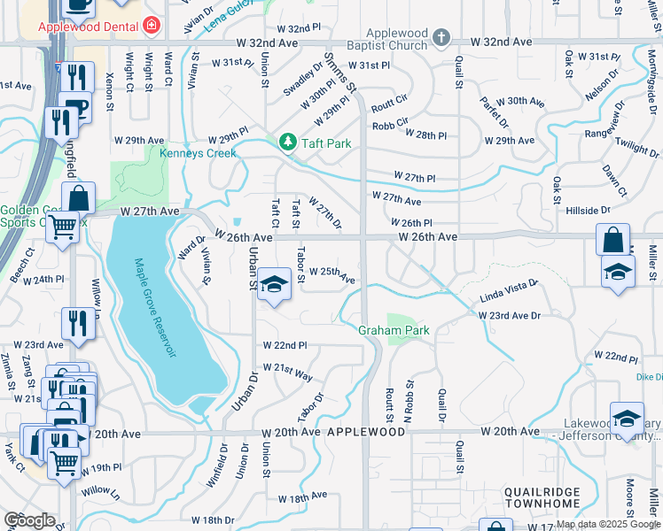 map of restaurants, bars, coffee shops, grocery stores, and more near 11755 West 24th Place Circle in Lakewood