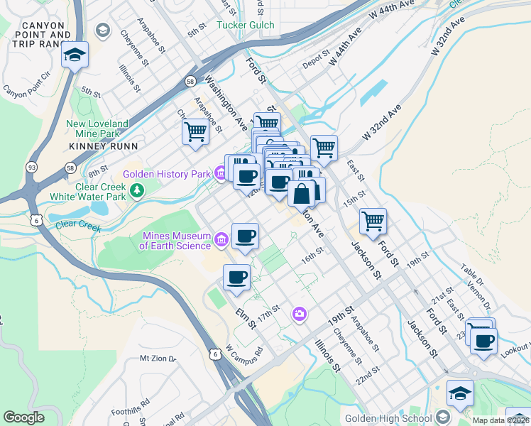 map of restaurants, bars, coffee shops, grocery stores, and more near 922 14th Street in Golden