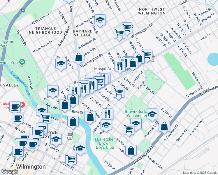 map of restaurants, bars, coffee shops, grocery stores, and more near 24 East 24th Street in Wilmington