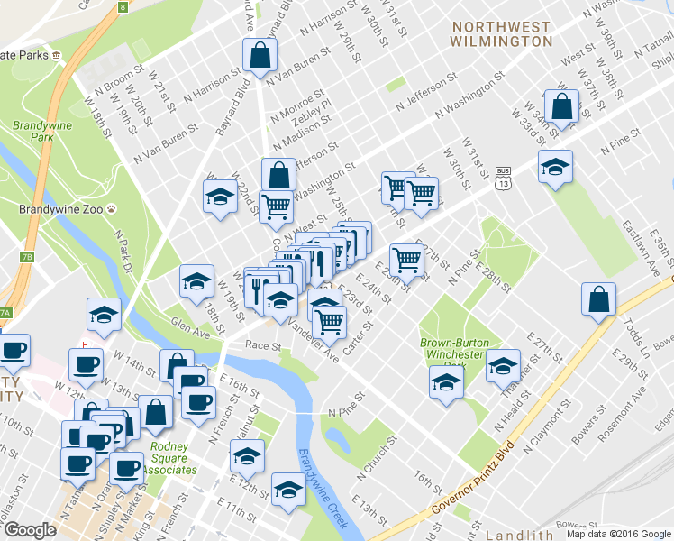 map of restaurants, bars, coffee shops, grocery stores, and more near 2230 North Market Street in Wilmington