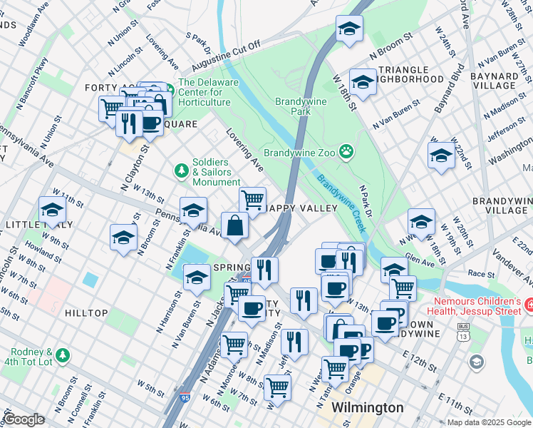 map of restaurants, bars, coffee shops, grocery stores, and more near 1402 North Van Buren Street in Wilmington