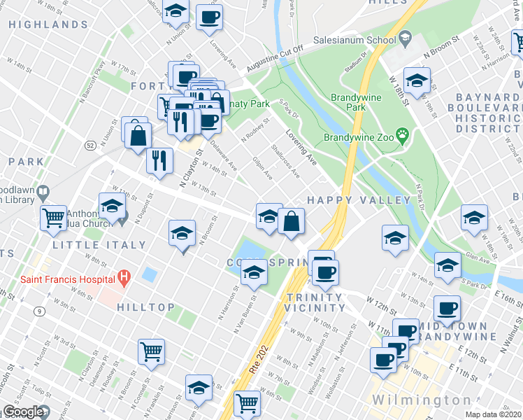 map of restaurants, bars, coffee shops, grocery stores, and more near 1201 North Harrison Street in Wilmington