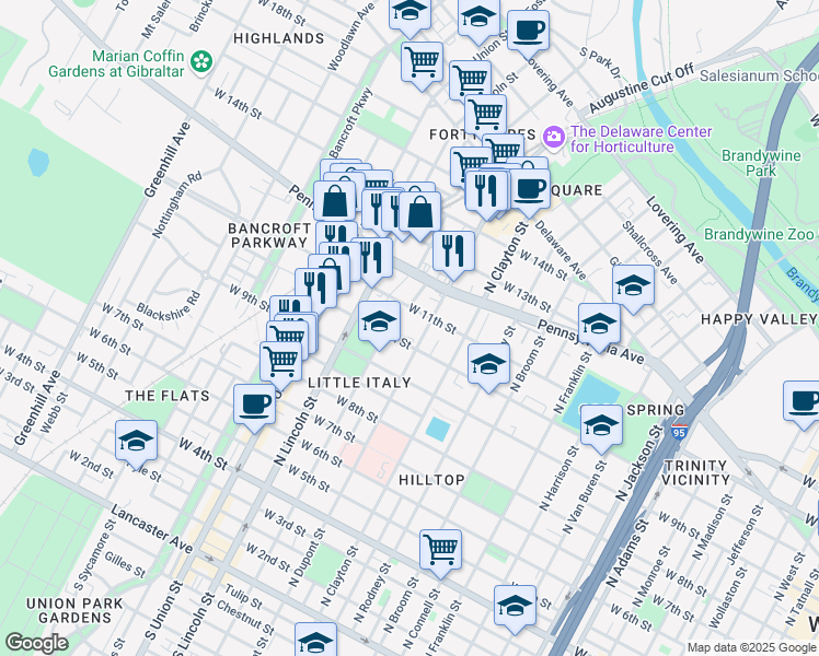 map of restaurants, bars, coffee shops, grocery stores, and more near 1615 West 10th Street in Wilmington