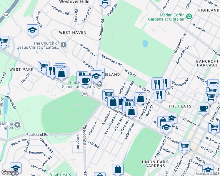 map of restaurants, bars, coffee shops, grocery stores, and more near 3201 West 2nd Street in Wilmington