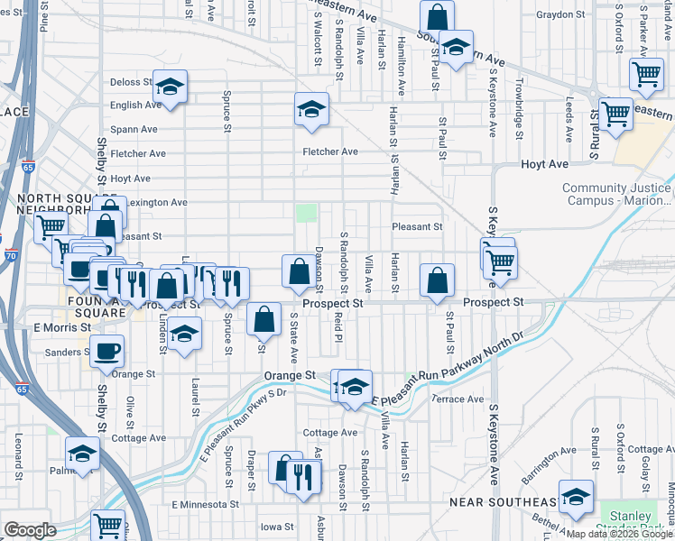 map of restaurants, bars, coffee shops, grocery stores, and more near 1048 South Randolph Street in Indianapolis