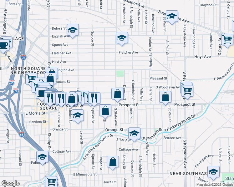 map of restaurants, bars, coffee shops, grocery stores, and more near 1038 Dawson Street in Indianapolis