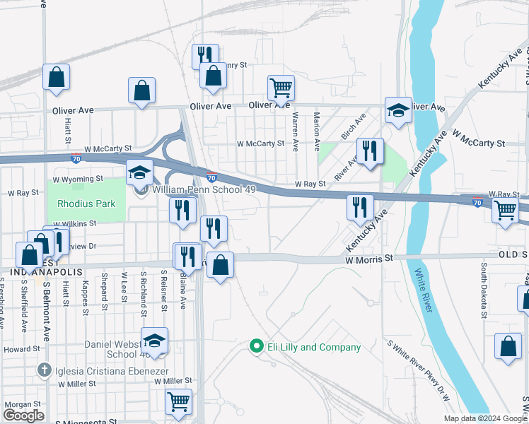 map of restaurants, bars, coffee shops, grocery stores, and more near 1140 Division Street in Indianapolis