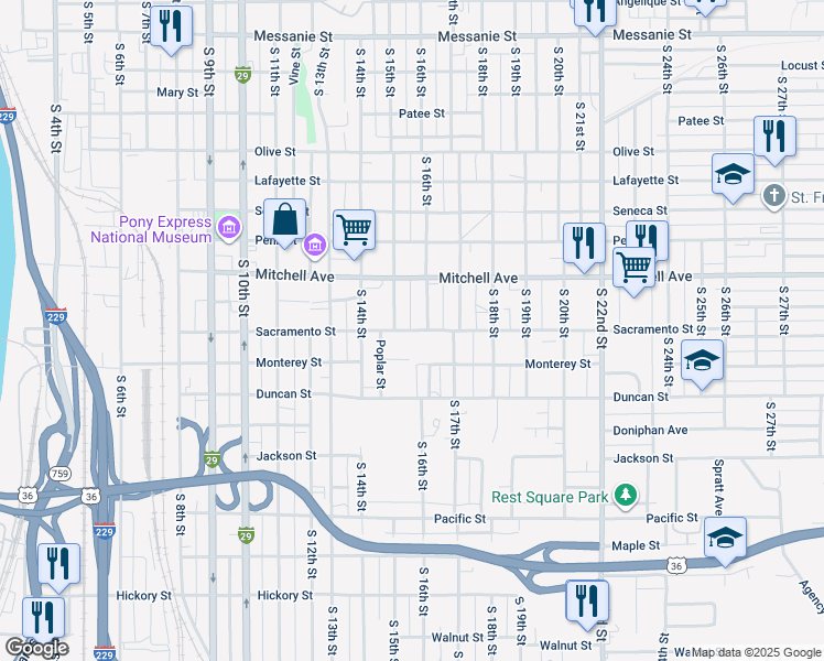 map of restaurants, bars, coffee shops, grocery stores, and more near 1503 Monterey Street in Saint Joseph
