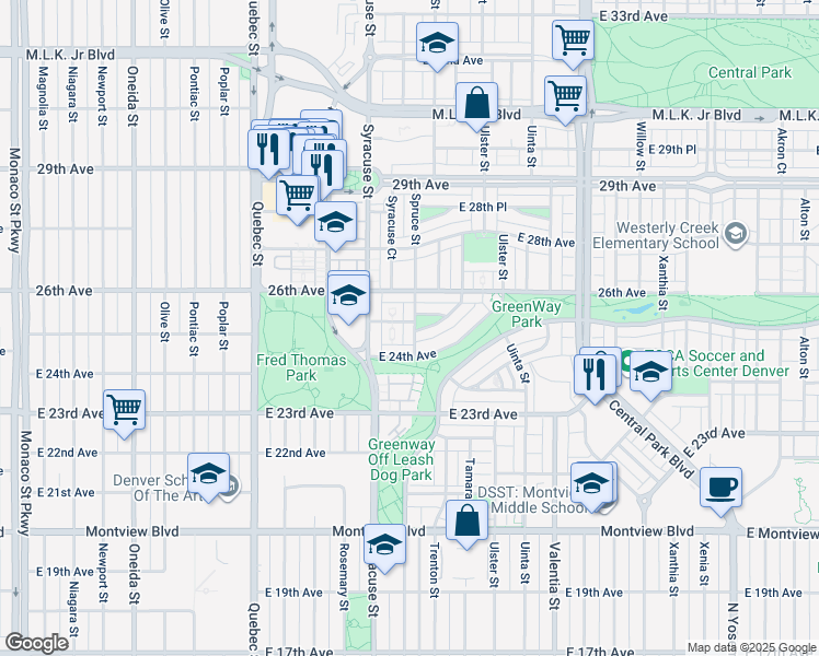 map of restaurants, bars, coffee shops, grocery stores, and more near 2491 Spruce Street in Denver