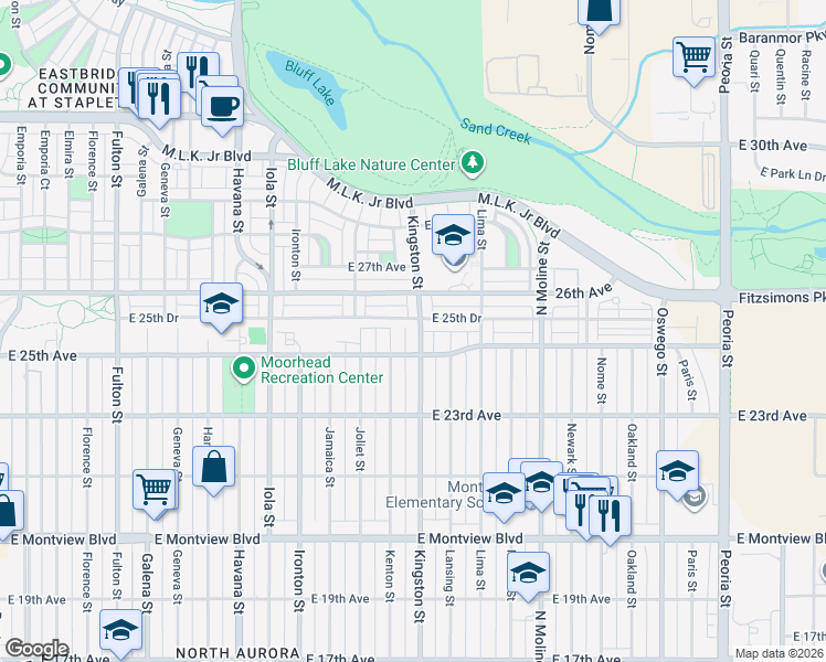 map of restaurants, bars, coffee shops, grocery stores, and more near 2507 Kingston Street in Aurora