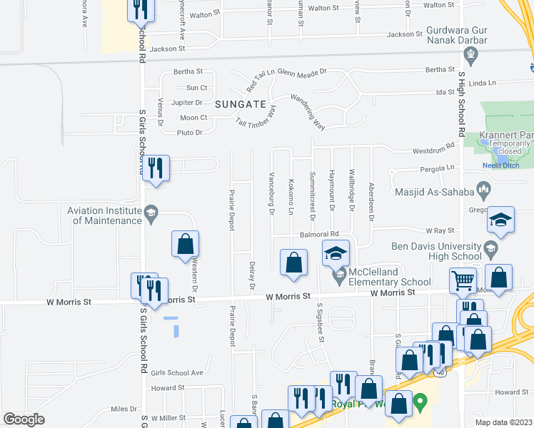 map of restaurants, bars, coffee shops, grocery stores, and more near 828 Vanceburg Drive in Indianapolis