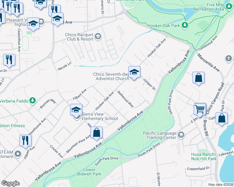 map of restaurants, bars, coffee shops, grocery stores, and more near 571 Redwood Way in Chico