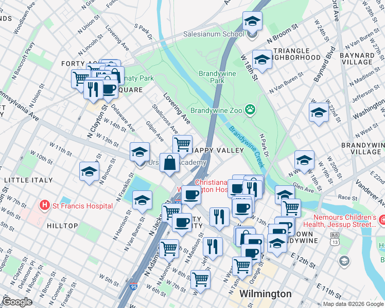 map of restaurants, bars, coffee shops, grocery stores, and more near 1402 North Van Buren Street in Wilmington